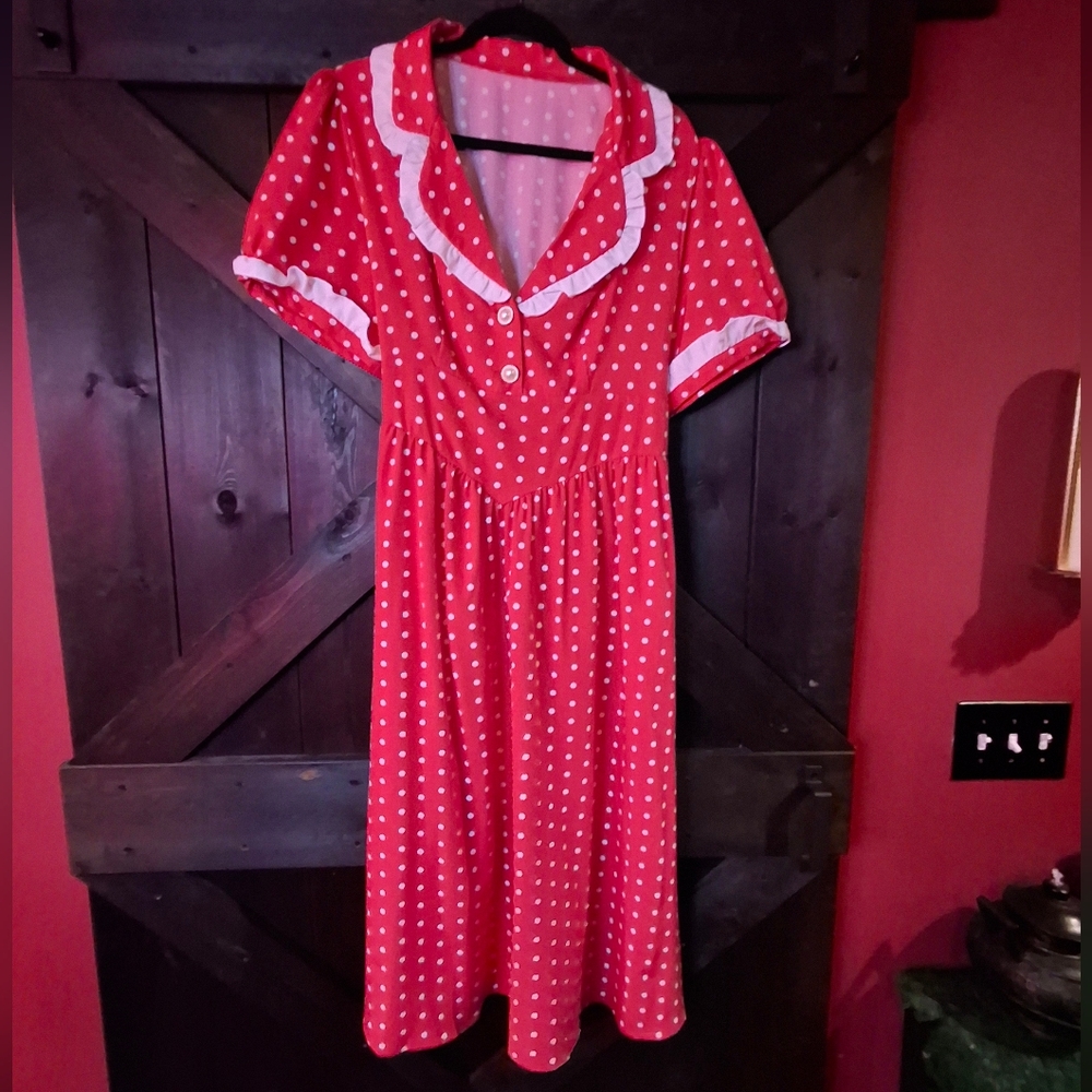 Red and White Polka Dot Dress With White Trim 2XL